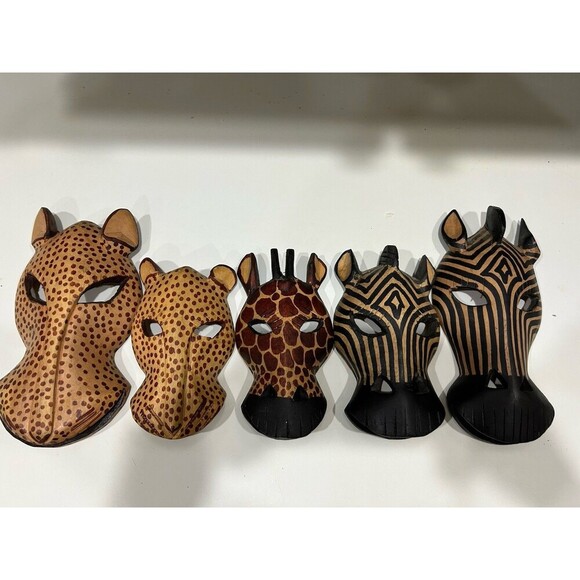Set of  5 Hand Carved Wooden Mask African Animal Zebra Giraffe Wall Hanging - Picture 2 of 11